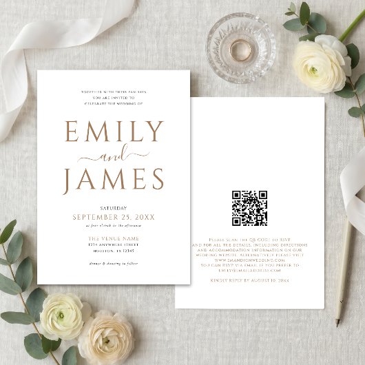 Invitation Élégant Code QR Mariage Noir Écriture Or Blanc