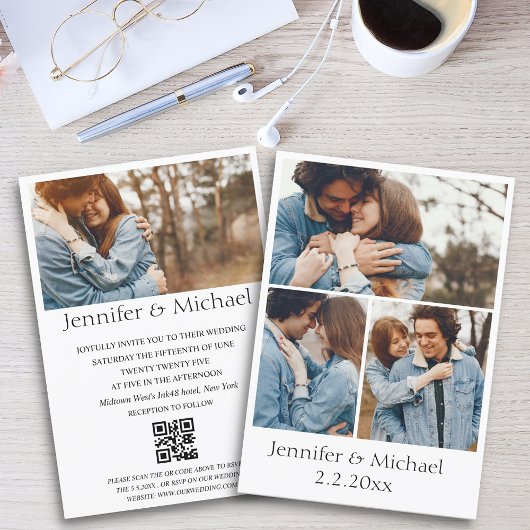 Invitation élégant code qr minimal rsvp 4 photos mariage