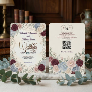 Invitation Élégant Code QR Moderne Floral Bourgogne Vintage