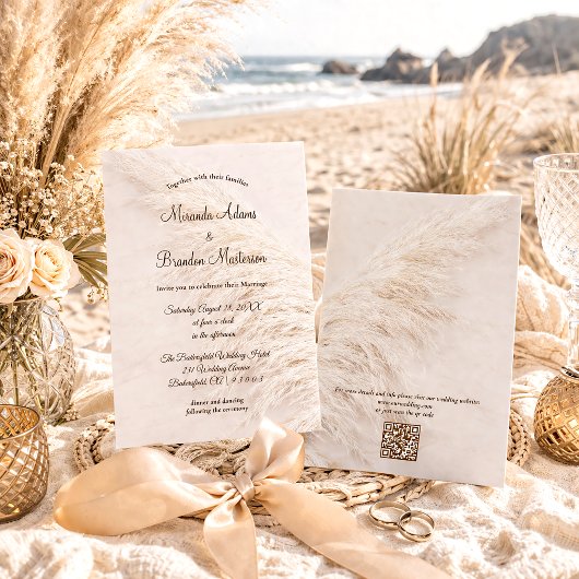 Invitation Élégant Code QR Moderne Herbe de Pampas Mariage Bo