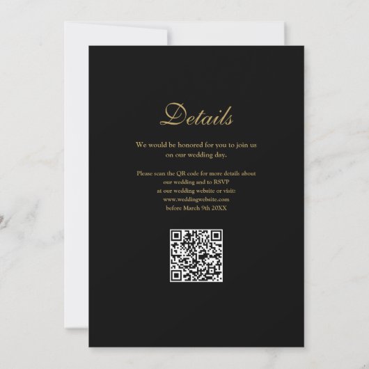 Invitation Élégant Code QR moderne Mariage noir et or (Dos)