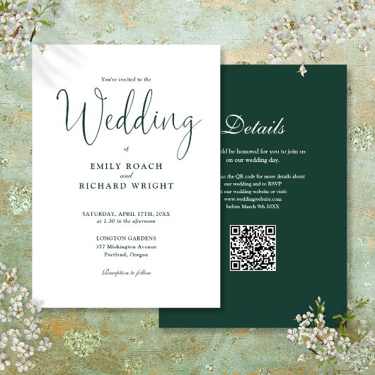 Invitation Élégant Code QR Moderne Mariage Vert Émeraude