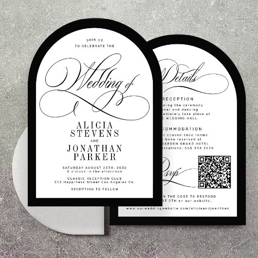 Invitation Élégant code QR noir blanc mariage voûté