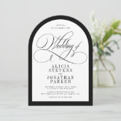 Invitation Élégant code QR noir blanc mariage voûté (Debout devant)