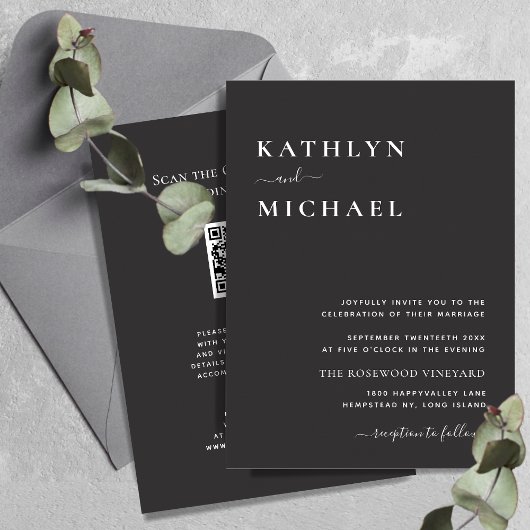 Invitation Élégant code QR noir tout en un Mariage moderne