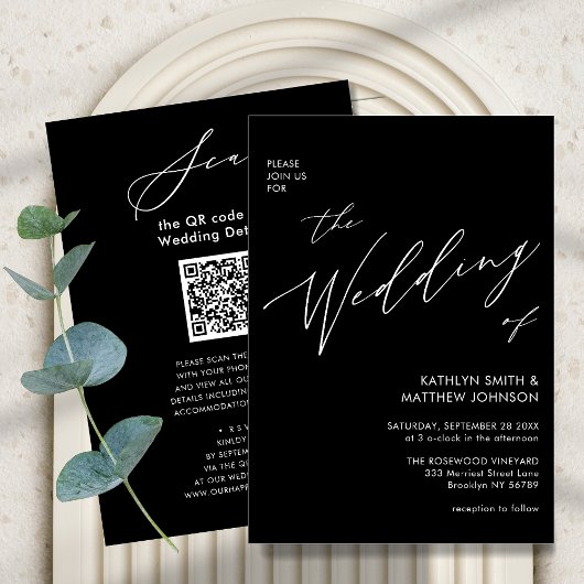 Invitation Élégant code QR noir tout en un Mariage moderne