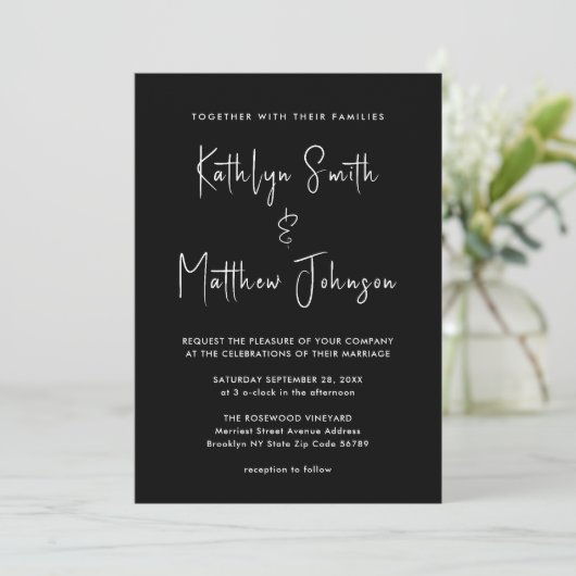 Invitation Élégant code QR noir tout en un Mariage moderne (Debout devant)