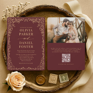 Invitation Élégant Code QR Or Bourgogne Photo Mariage
