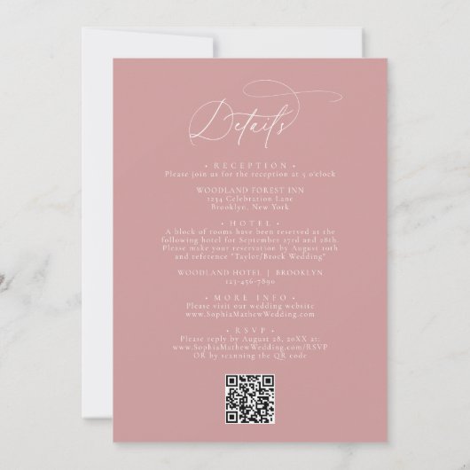 Invitation Élégant code QR rose Dusty tout en un Mariage (Dos)