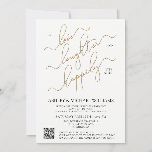 Invitation Élégant code QR Script Heureusement Jamais après l (Devant)