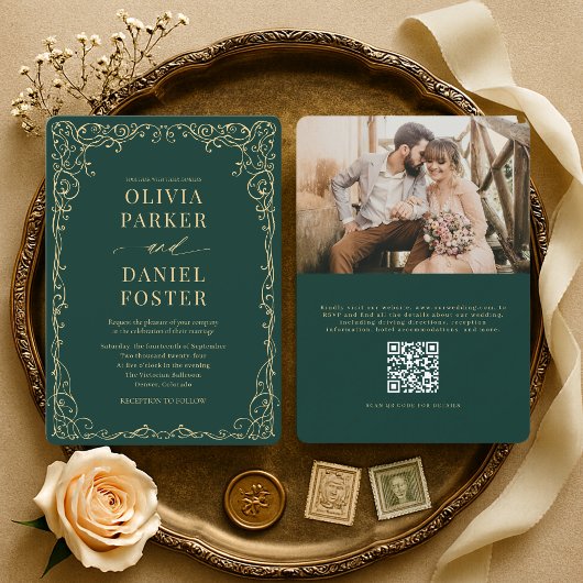 Invitation Élégant Code QR Vert Émeraude Photo Mariage