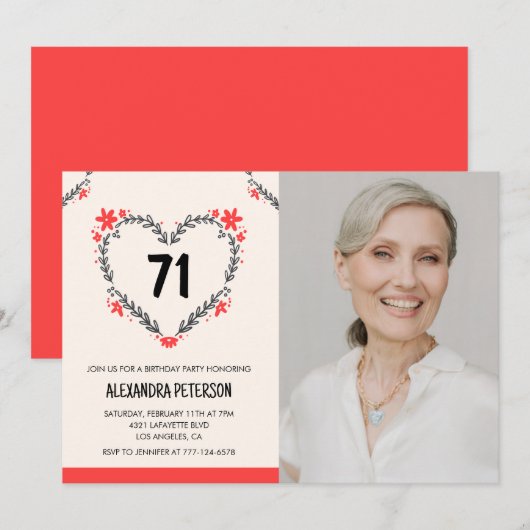 Invitation Elégant Coeur Floral Rouge pour ses 71 ans (Devant / Derrière)