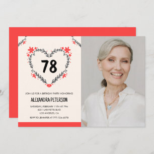 Invitation Elégant Coeur Floral Rouge pour son 78e anniversai
