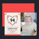 Invitation Elégant Coeur Floral Rouge pour son 94e anniversai<br><div class="desc">Elégant Coeur Floral Rouge pour son 94e anniversaire Invitation moderne</div>