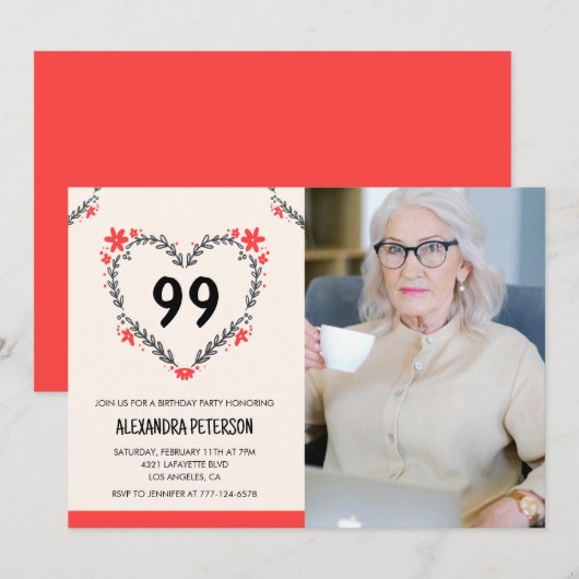 Invitation Elégant Coeur Floral Rouge pour son 99e anniversai (Devant / Derrière)