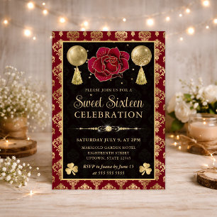 Invitation Élégant Cœur Rouge et Or Damassé Sweet Sixteen