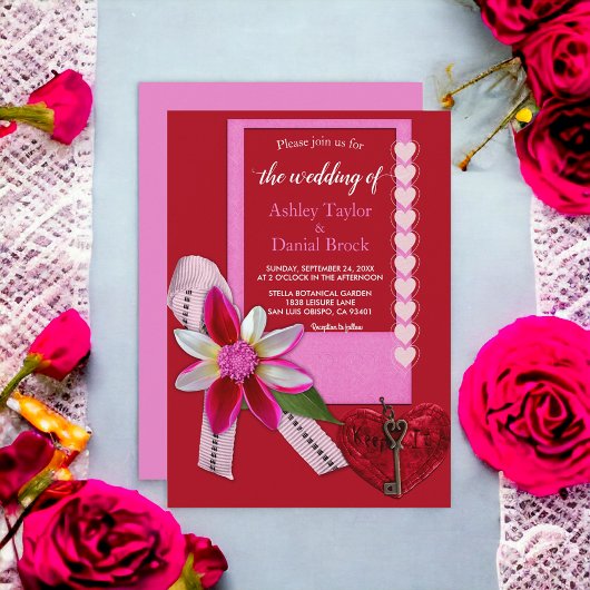 Invitation Élégant Coeur Rouge Ruban Script Mariage Formel Cl