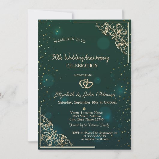Invitation Elegant Coeurs Cadre Vert Mariage Anniversaire (Devant)