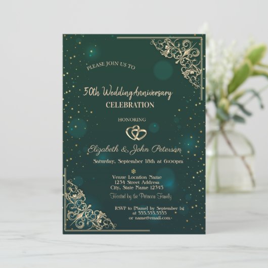 Invitation Elegant Coeurs Cadre Vert Mariage Anniversaire (Debout devant)