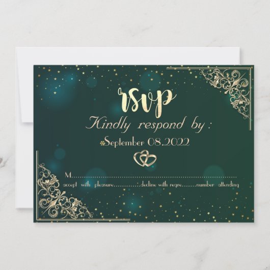 Invitation Elégant Coeurs d'or Cadre Mariage vert RSVP (Devant)