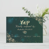 Invitation Elégant Coeurs d'or Cadre Mariage vert RSVP (Debout devant)