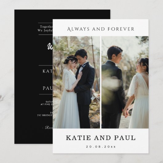 Invitation Elegant Collage 2 Photo Modern Black Chic Wedding (Devant / Derrière)
