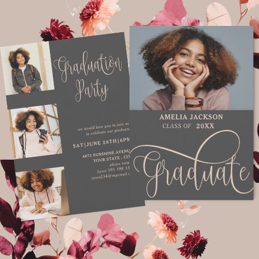Invitation Élégant Collage de Photos en Rose Gold pour la Rem