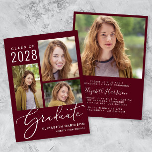 Invitation Elégant Collage Photo Burgundy Graduation Party
