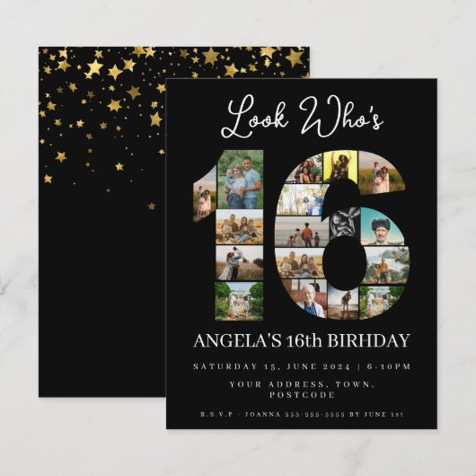 Invitation élégant collage photo noir pour 16 ans (Devant / Derrière)