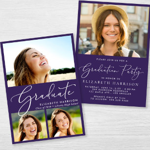 Invitation Elégant Collage Photo Purple Graduation Party