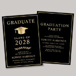 Invitation Elegant College Black Gold Party<br><div class="desc">Élégant faire-part d'obtention du diplôme d'études supérieures noires et invitation à la fête avec une casquette d'obtention du diplôme d'or et simple typographie moderne d'or pour le nom du diplômé, l'année de classe, le collège ou l'université, le diplôme et la majeure ou les honneurs. Au verso, ajoutez les détails de...</div>