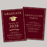 Invitation Elegant College Burgundy Gold Graduation Party<br><div class="desc">Elegant burgundy red college graduation announcement and party invitation featuring a gold graduation cap and simple modern gold typography for the graduate's name,  class year,  college or university,  degree and major or honors. On the reverse side,  add the graduation details.</div>