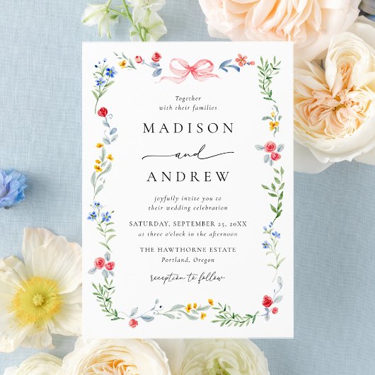 Invitation Elegant Colorful Wildflower Pink Bow Wedding