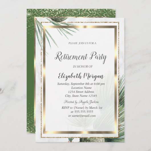 Invitation Élégant Confetti Cadre Pine Tree Retraite (Devant / Derrière)