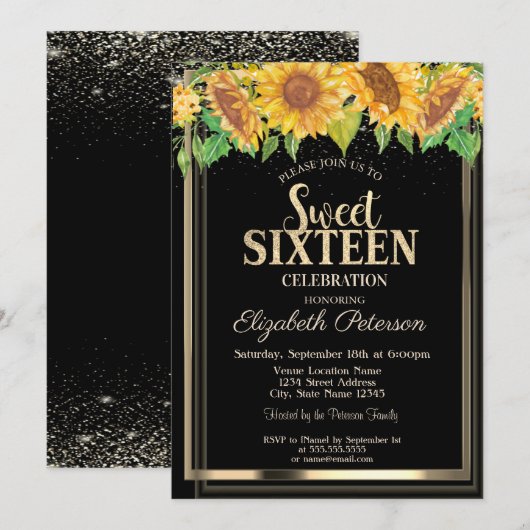 Invitation Elégant Confetti Gold Frame Sunflowers Sweet 16 (Devant / Derrière)