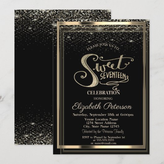 Invitation Elégant Confetti Gold Frame Sweet 17 Anniversaire (Devant / Derrière)