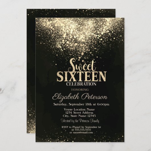 Invitation Elégant Confetti Or, Black Sweet 16 (Devant / Derrière)