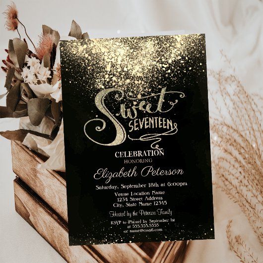 Invitation Elégant Confetti Or, Black Sweet 17