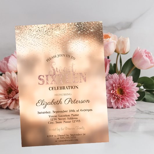 Invitation Elégant Confetti Or Moderne, Bokeh Sweet 16