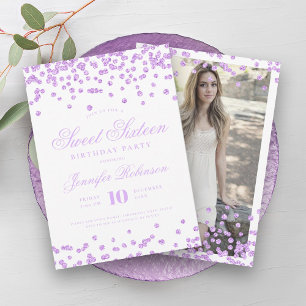 Invitation Élégant Confetti violet photo Sweet 16