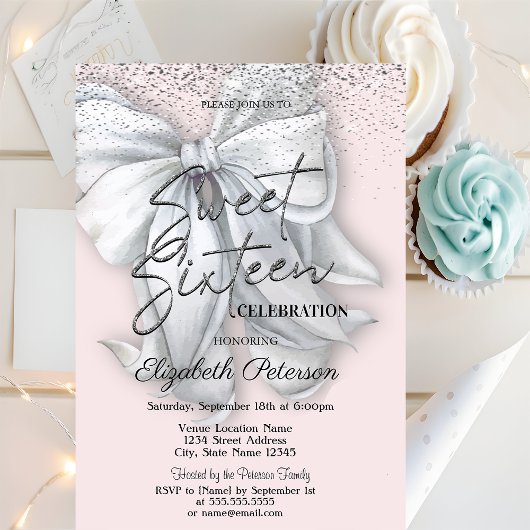 Invitation Elegant Confetti White Bow Pink Sweet 16