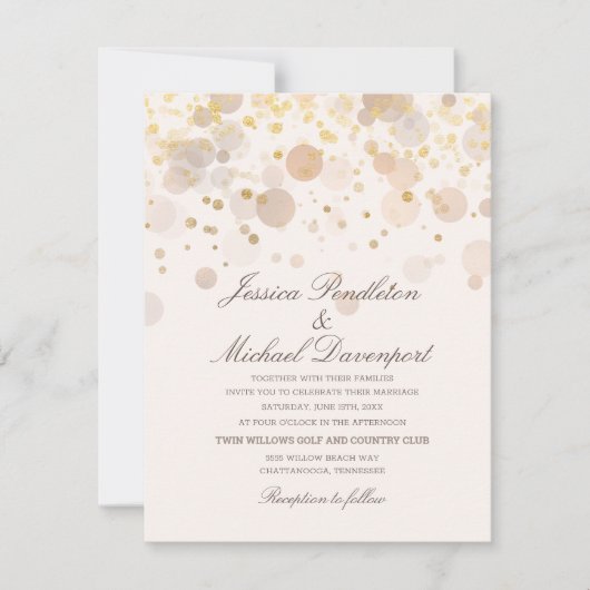 Invitation Élégant Confettis Dorés Mariage Script Romantique (Devant)