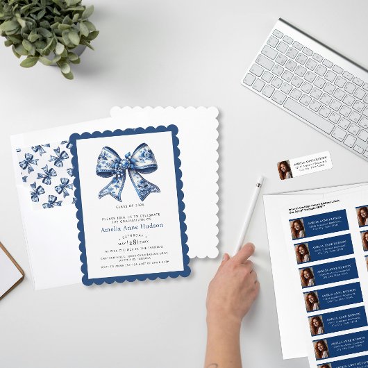 Invitation Elegant Coquette Blue Floral Bow Graduation Party