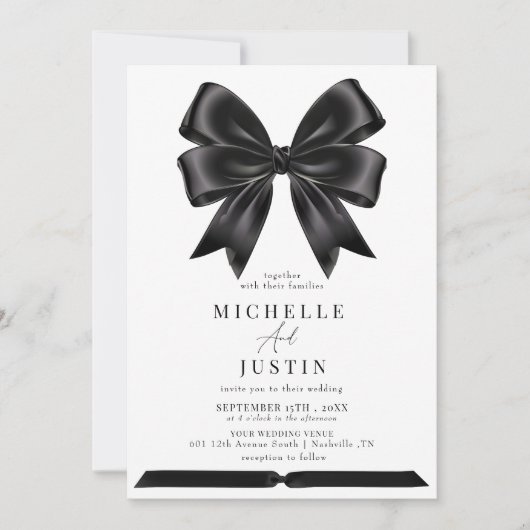 Invitation Élégant Coquette ruban Bow noir blanc Mariage (Devant)