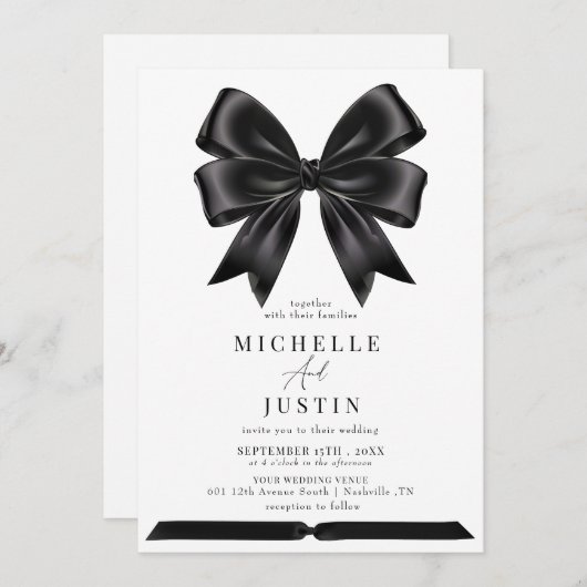 Invitation Élégant Coquette ruban Bow noir blanc Mariage (Devant / Derrière)