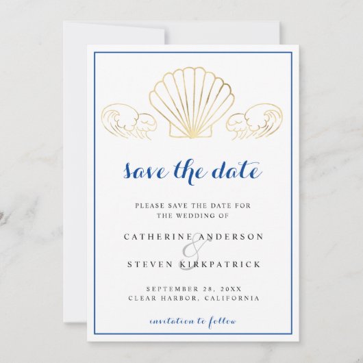 Invitation Elégant Coquillage Or Vaves Mariage Enregistrer La (Devant)