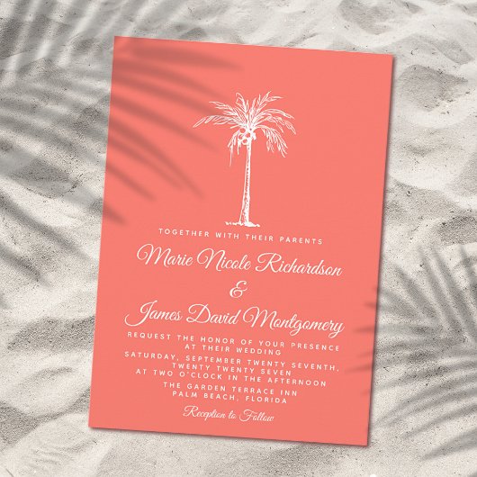 Invitation Elégant Corail Blanc Palmier Formal Beach Mariage