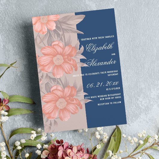 Invitation Elégant corail bleu marine gris doux mariage flora