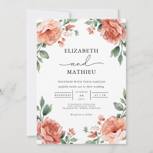 Invitation Elégant Corail et jardin fleuri vert Mariage (Devant)