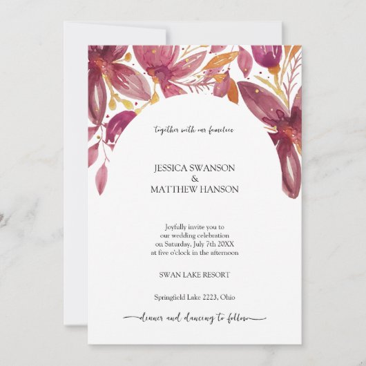 Invitation Élégant corail floral violet or (Devant)